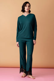 Opera long pajamas with lace – dark bottle green