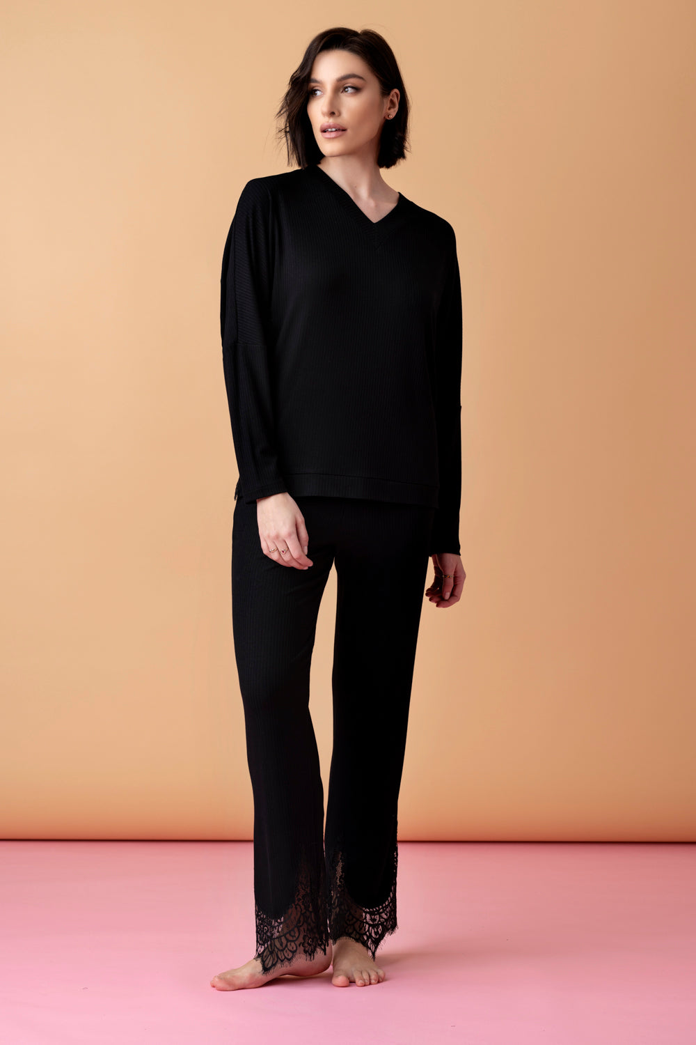 Opera long pajamas with lace – black