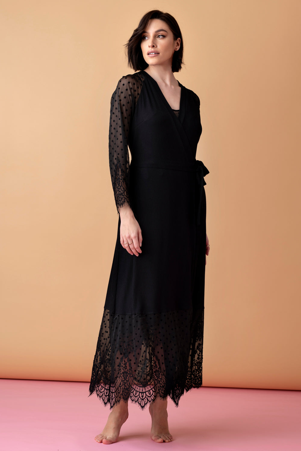 Opera long peignoir with tulle and lace – black