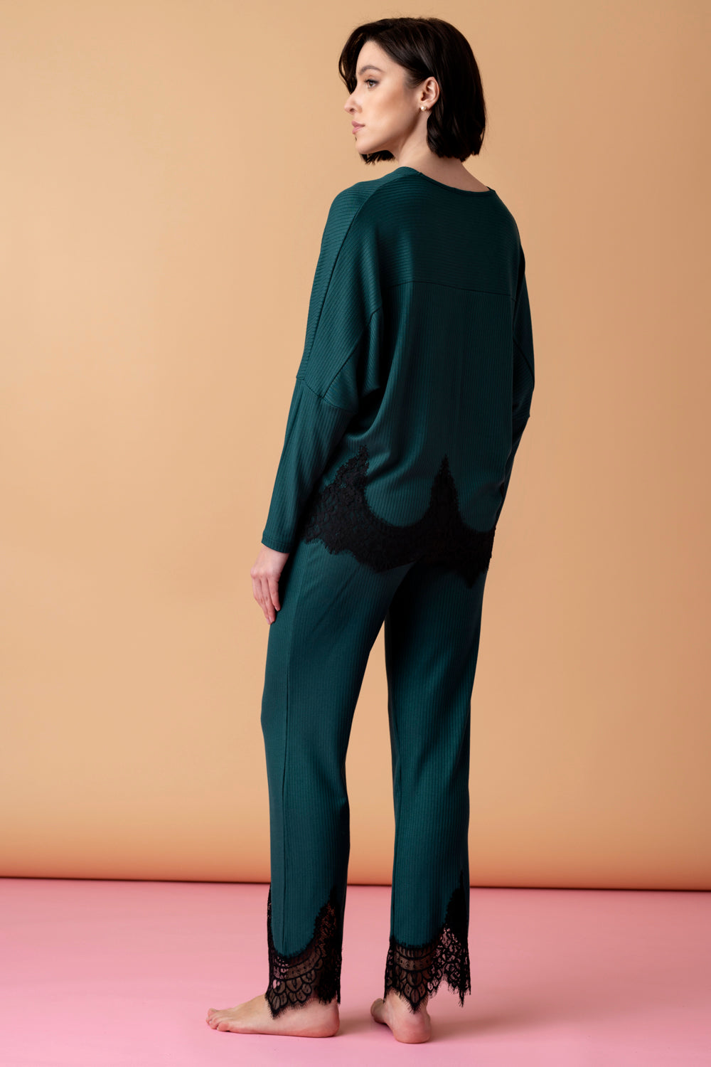 Opera long pajamas with lace – dark bottle green