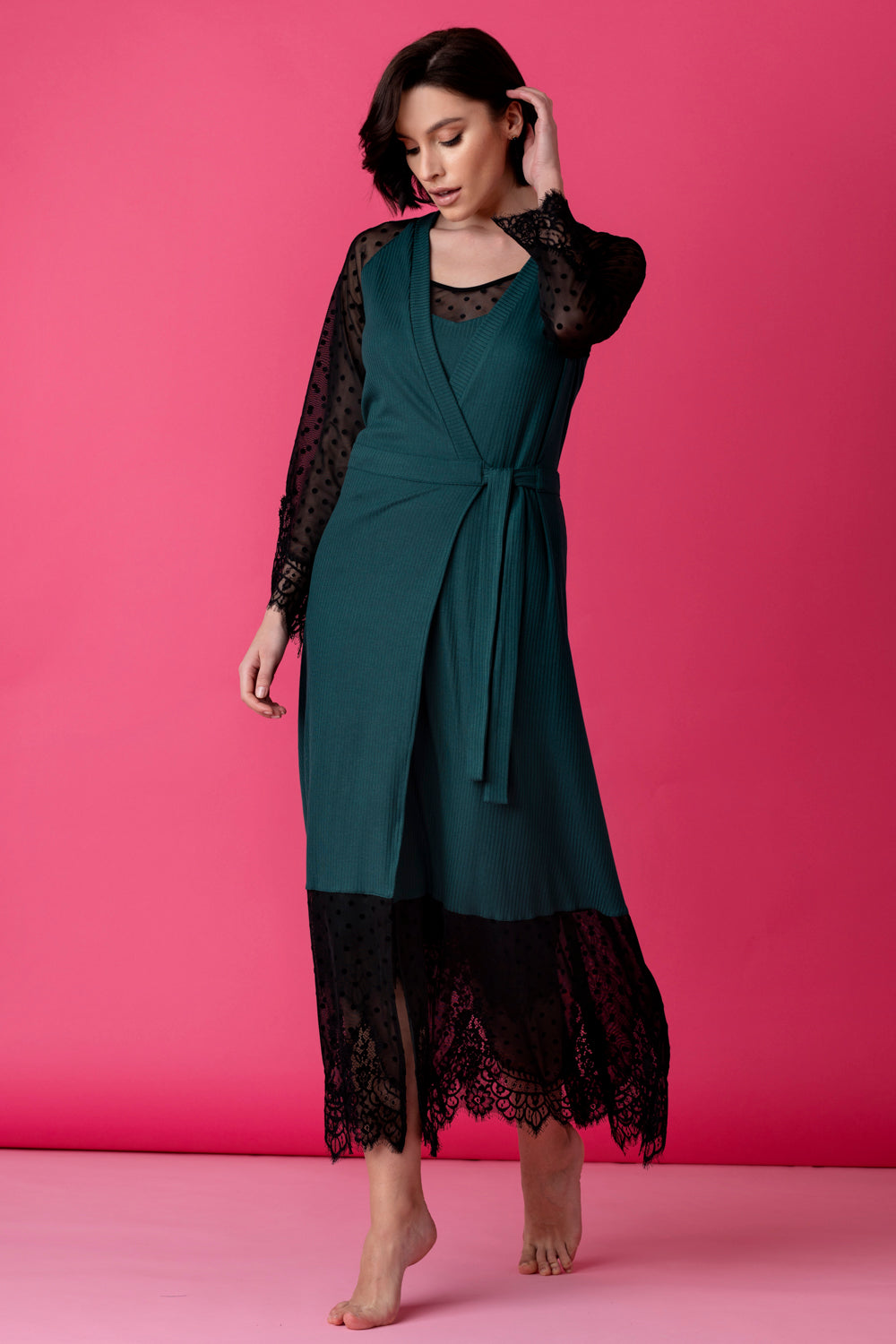 Opera long peignoir with tulle and lace – dark bottle green