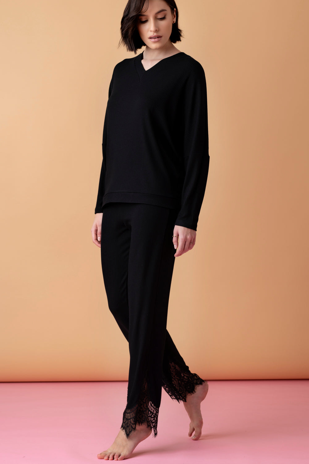 Opera long pajamas with lace – black