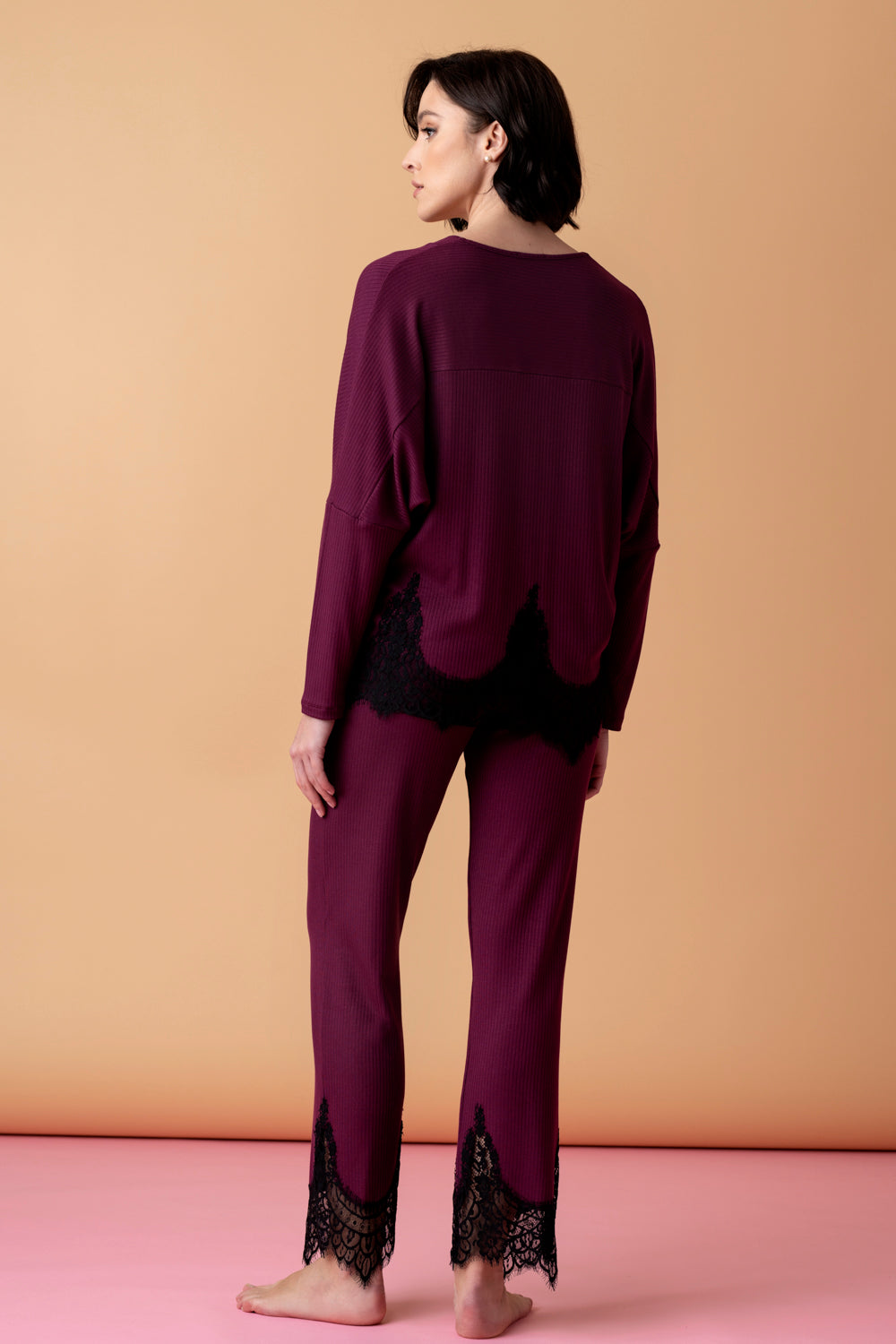 Opera long pajamas with lace – merlot