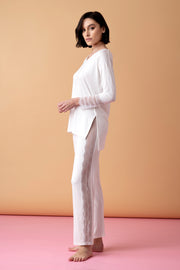 Poem Langer Pyjama mit Spitzenbesatz – Creme