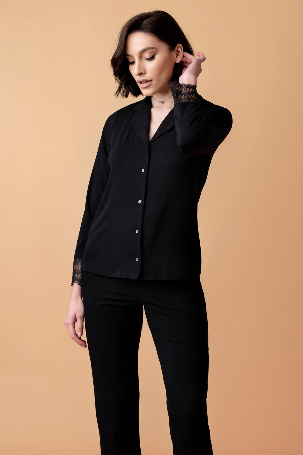 Poem Long Button-Down Pajamas with Lace – Black