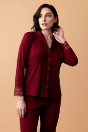 Poem long button-up pajamas with lace – red wine