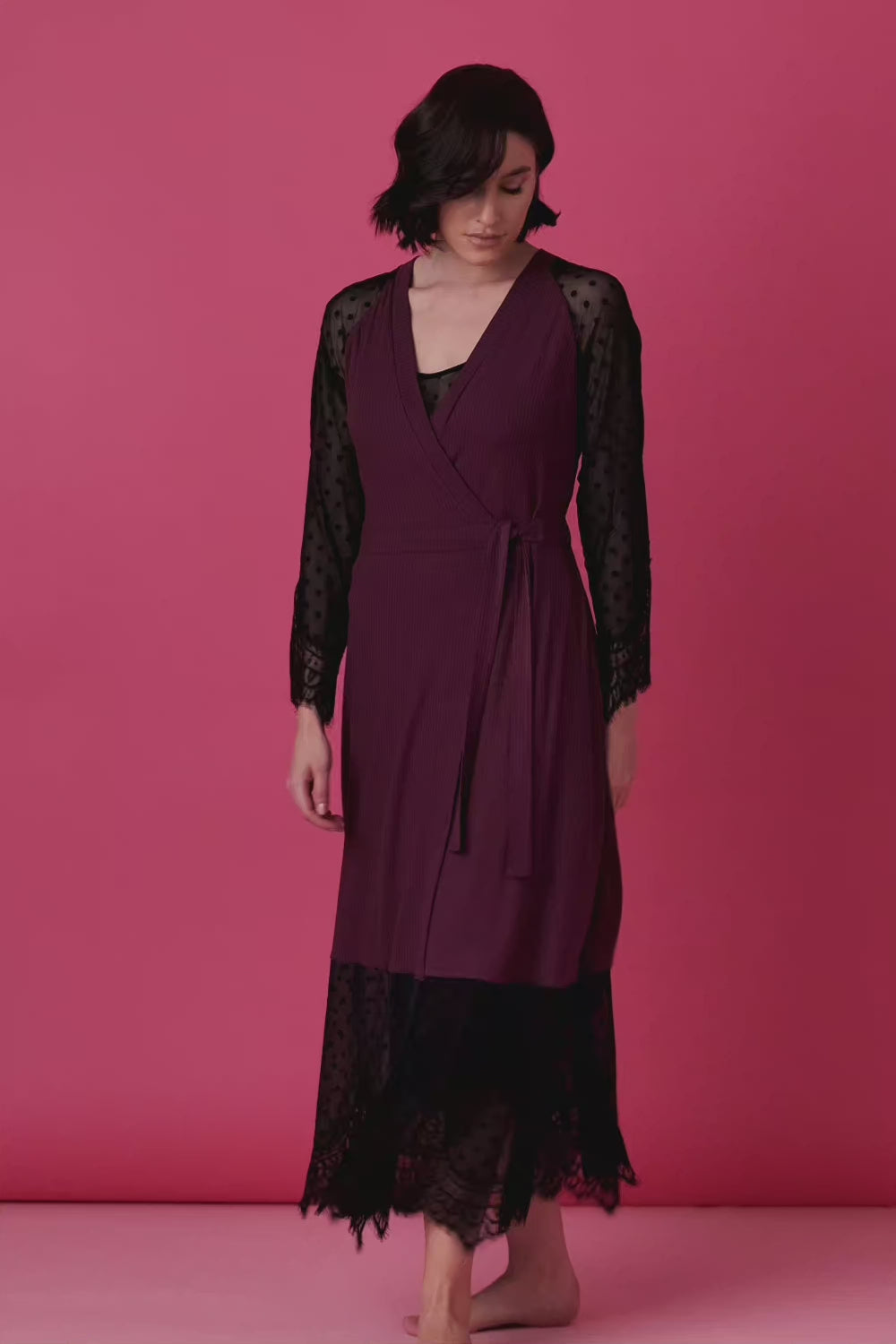 Load video: Opera long peignoir with tulle and lace – merlot