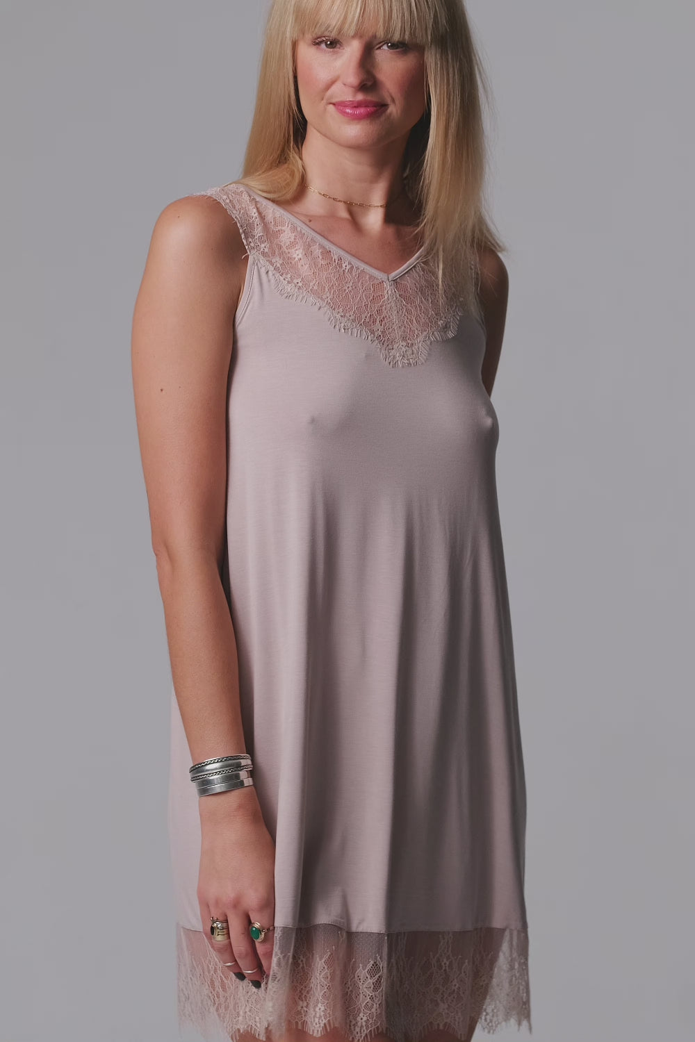 Load video: Aurora short nightdress with lace – almond milk
