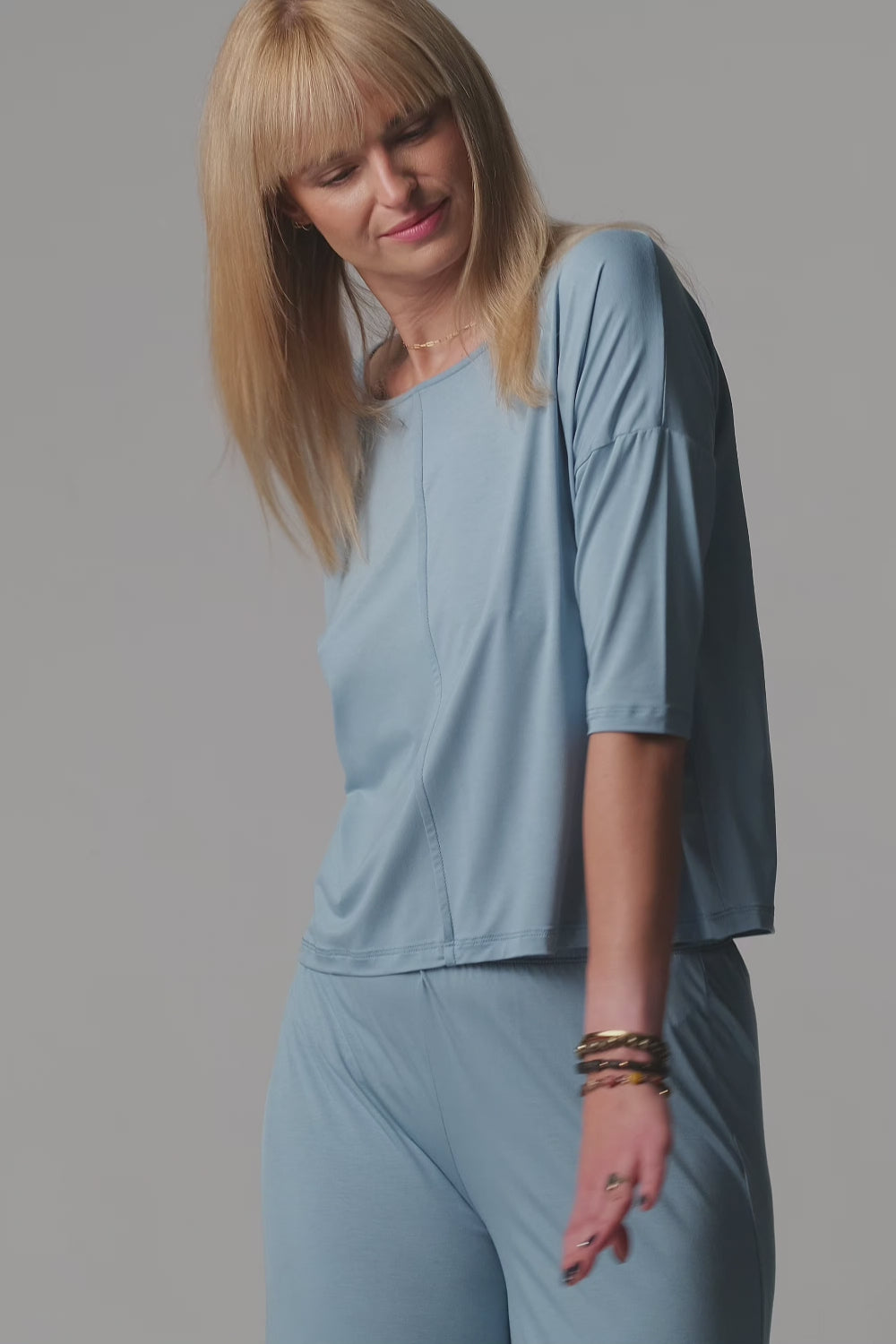 Load video: Jackie Loungewear Pajamas with Wide Leg Pants – Water