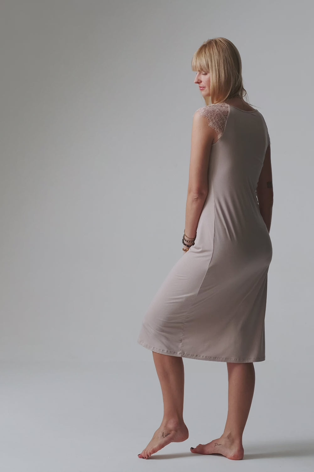 Load video: Aurora midi nightdress with lace sleeves - almond milk