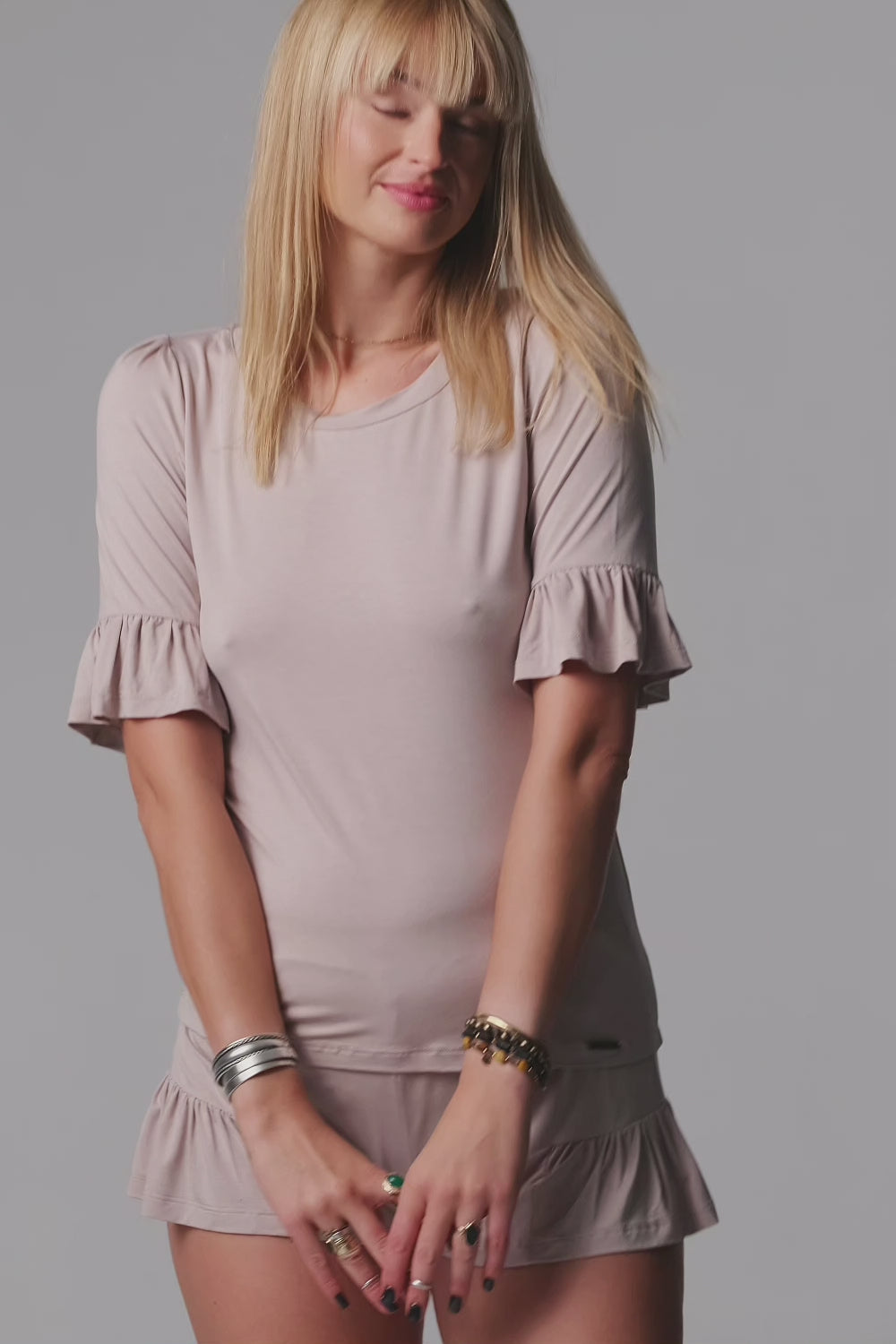 Load video: Jackie Ruffled Loungewear Short Pajama Set – Almond Milk