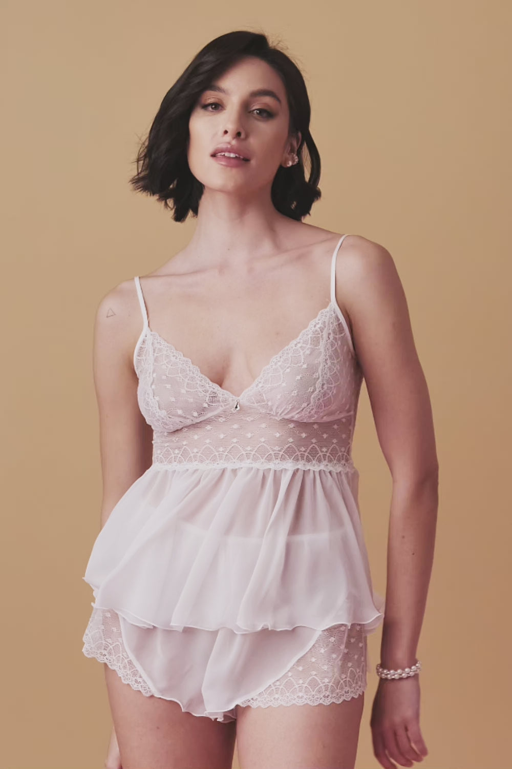 Load video: Ballade short lace and chiffon set – cream
