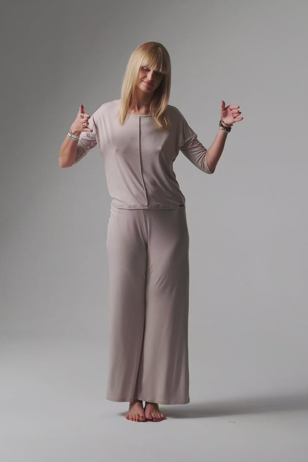 Load video: Jackie Loungewear Pajama with Wide Leg Pants – Almond Milk