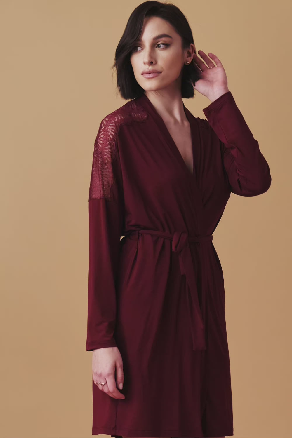 Load video: Poem short peignoir with lace – red wine