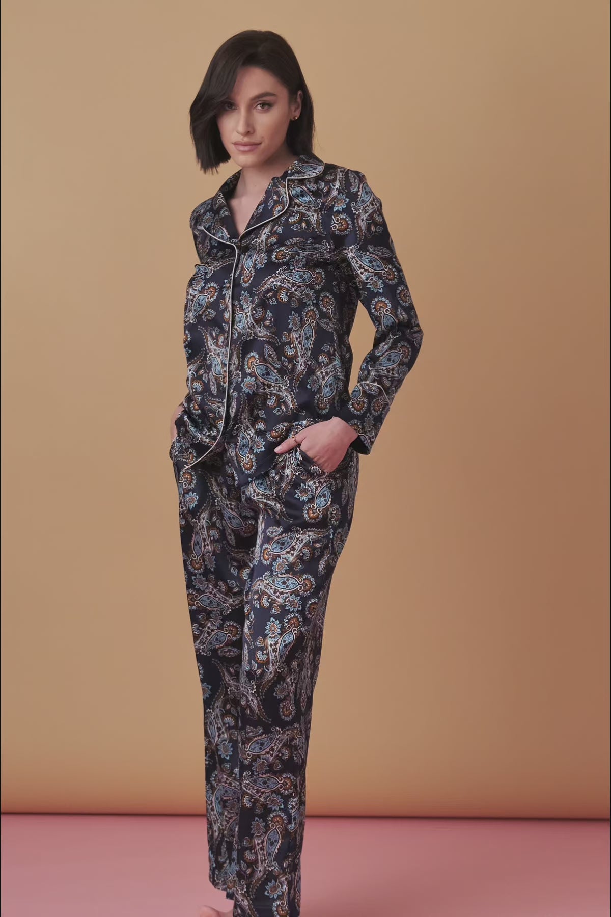 Load video: Lullaby long silk pajamas – deep navy, paisley pattern