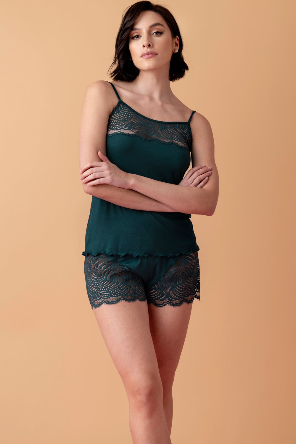 Serenade krótka piżama z koronką – ciemna butelkowa zieleń_5