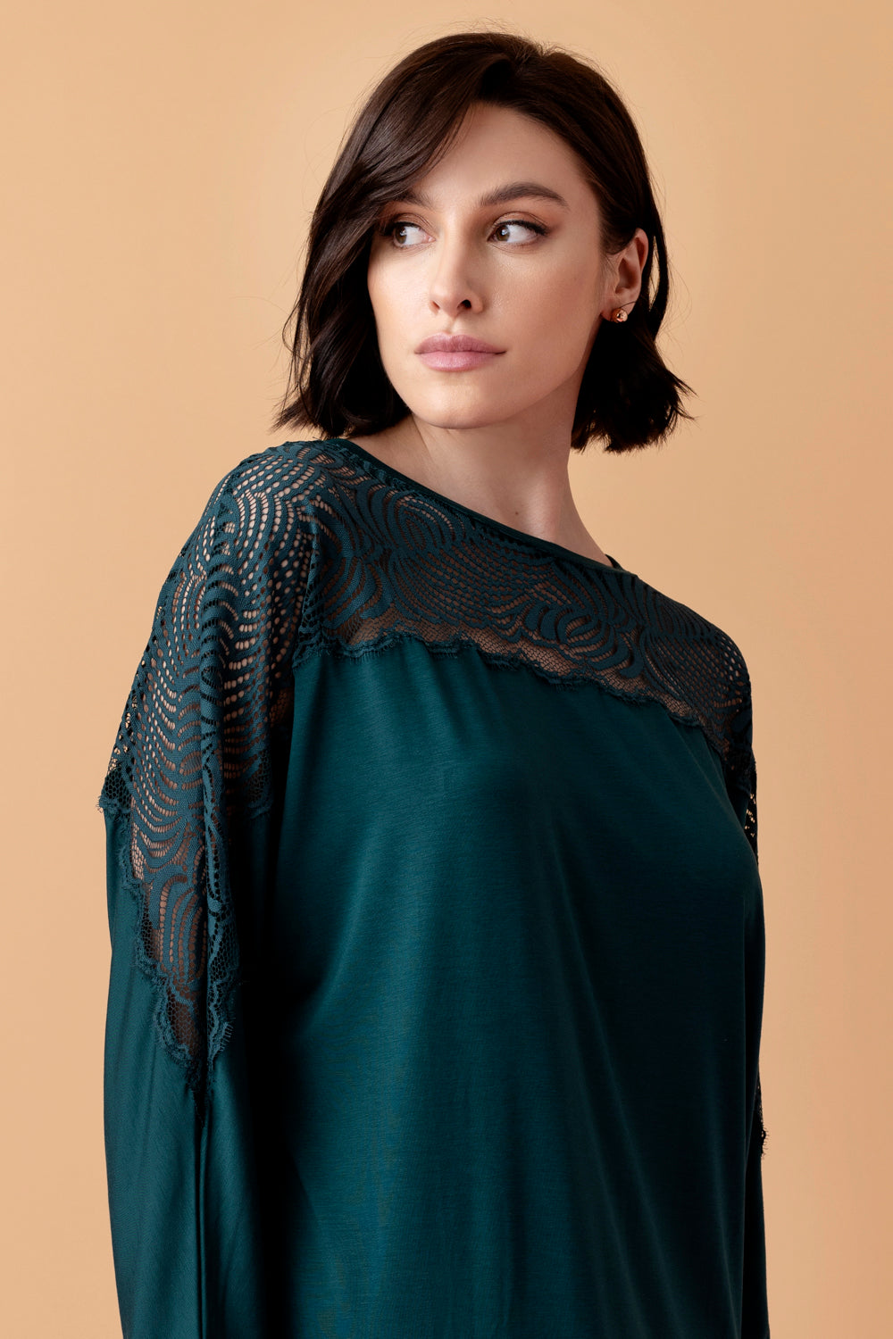 Serenade luźna koszula nocna z koronką – ciemna butelkowa zieleń_4