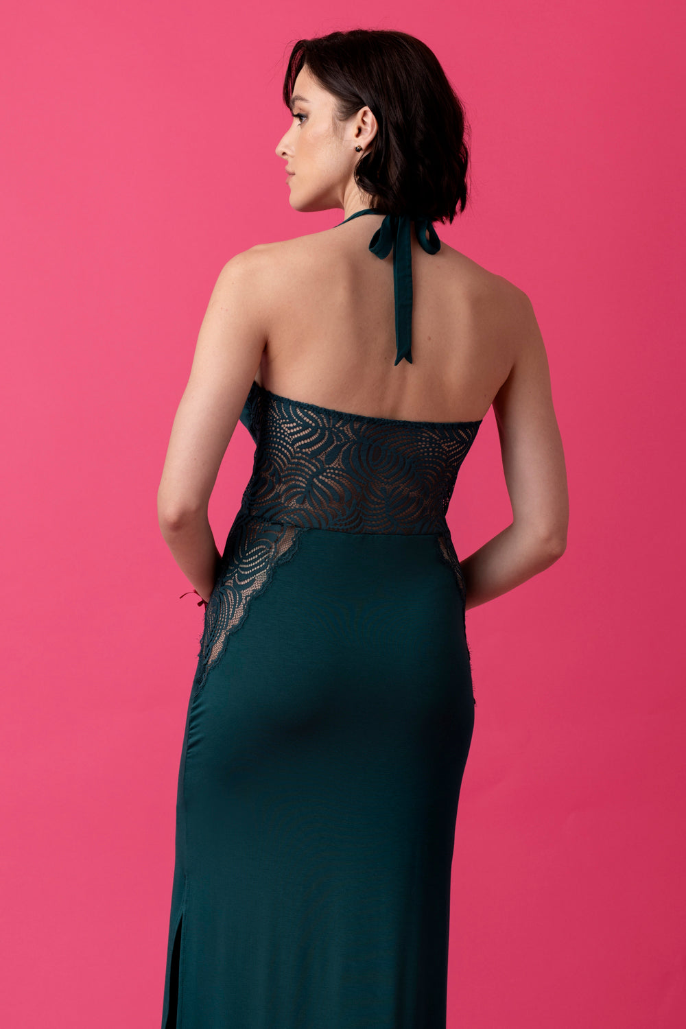 Serenade długa koszula nocna z odkrytymi plecami – ciemna butelkowa zieleń_2