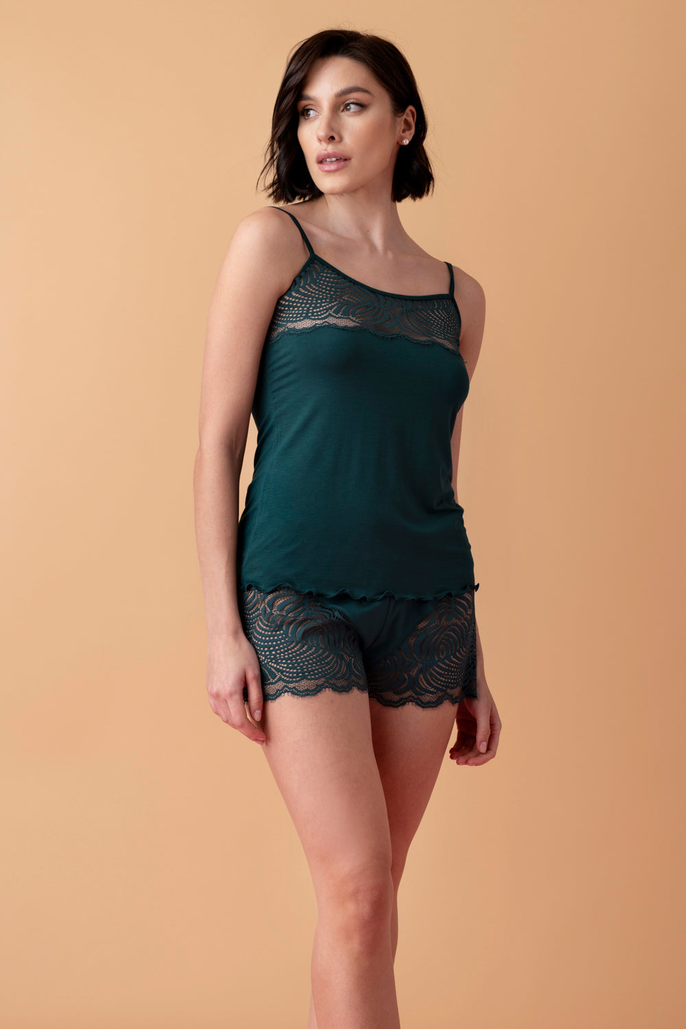 Serenade krótka piżama z koronką – ciemna butelkowa zieleń_4