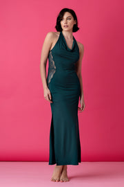 Serenade długa koszula nocna z odkrytymi plecami – ciemna butelkowa zieleń