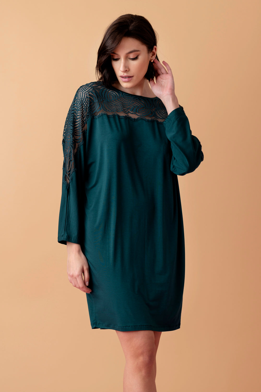 Serenade luźna koszula nocna z koronką – ciemna butelkowa zieleń_5