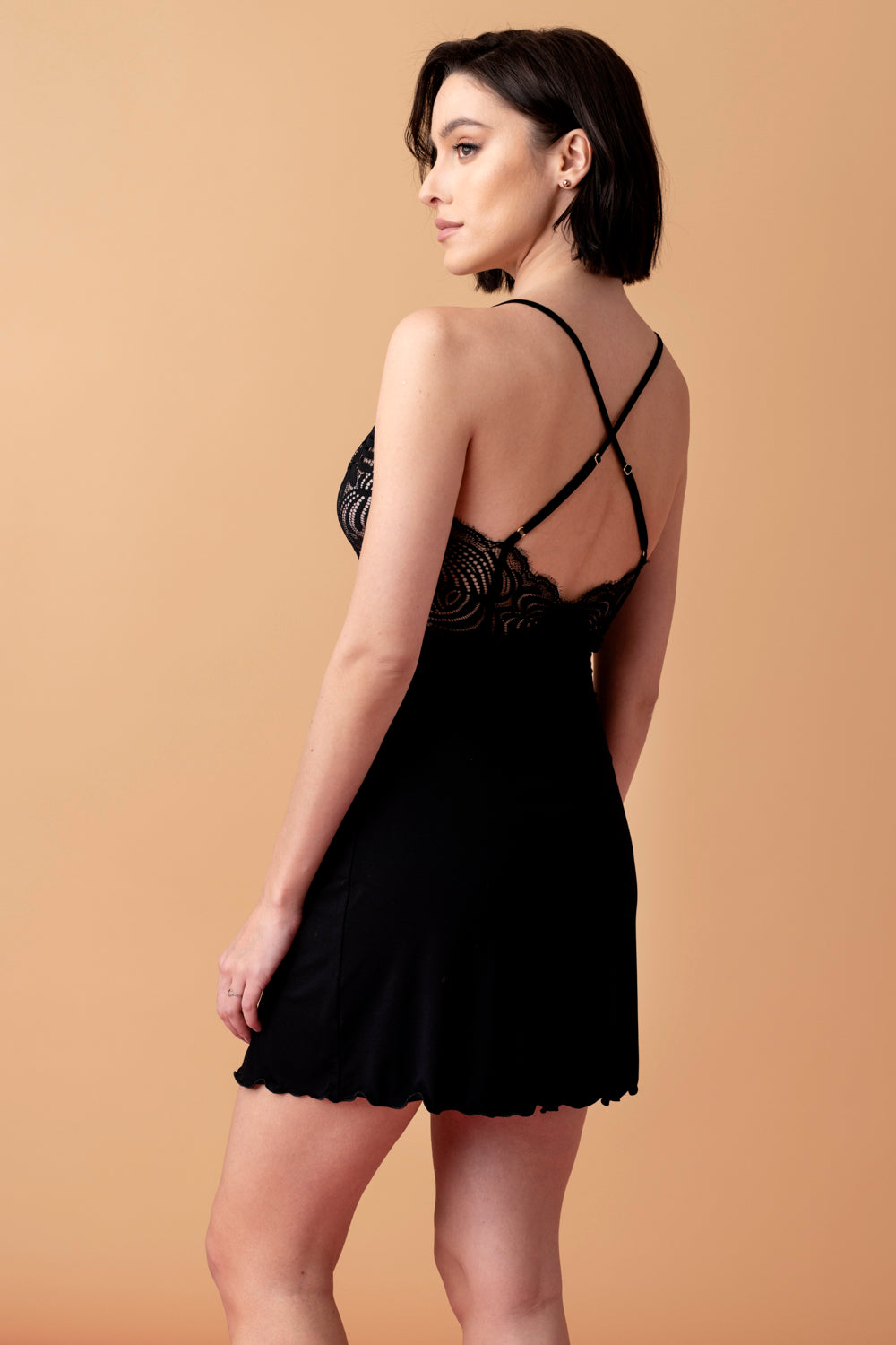 Serenade krótka koszulka nocna z koronką – czarna_2