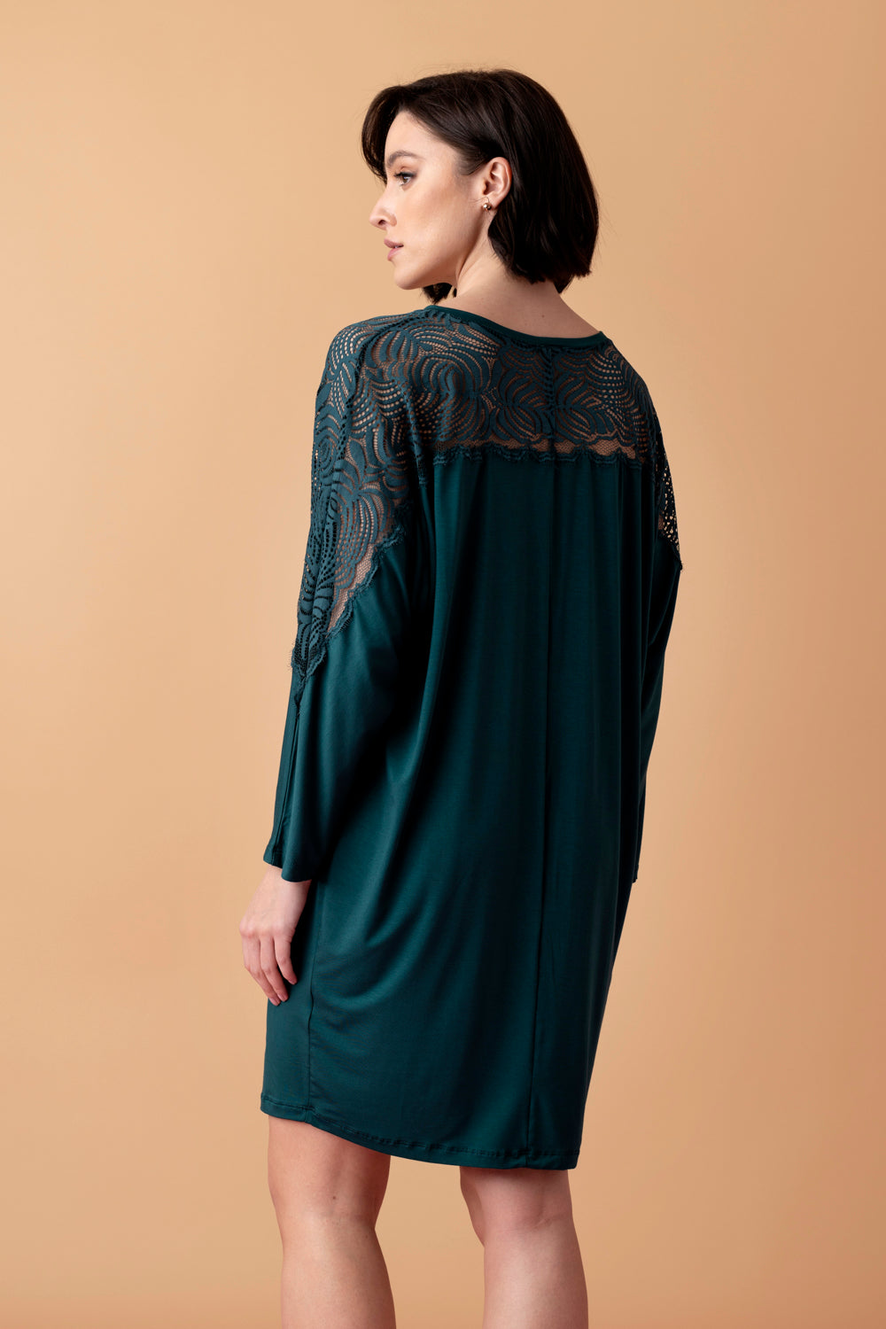 Serenade luźna koszula nocna z koronką – ciemna butelkowa zieleń_2