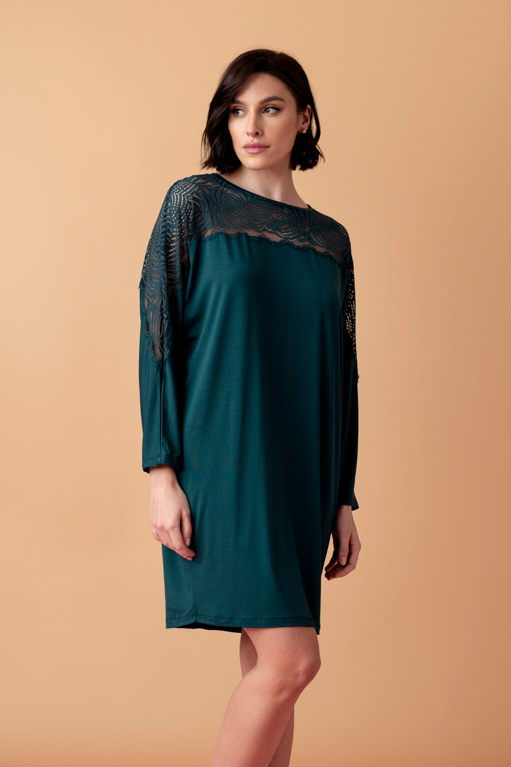 Serenade luźna koszula nocna z koronką – ciemna butelkowa zieleń