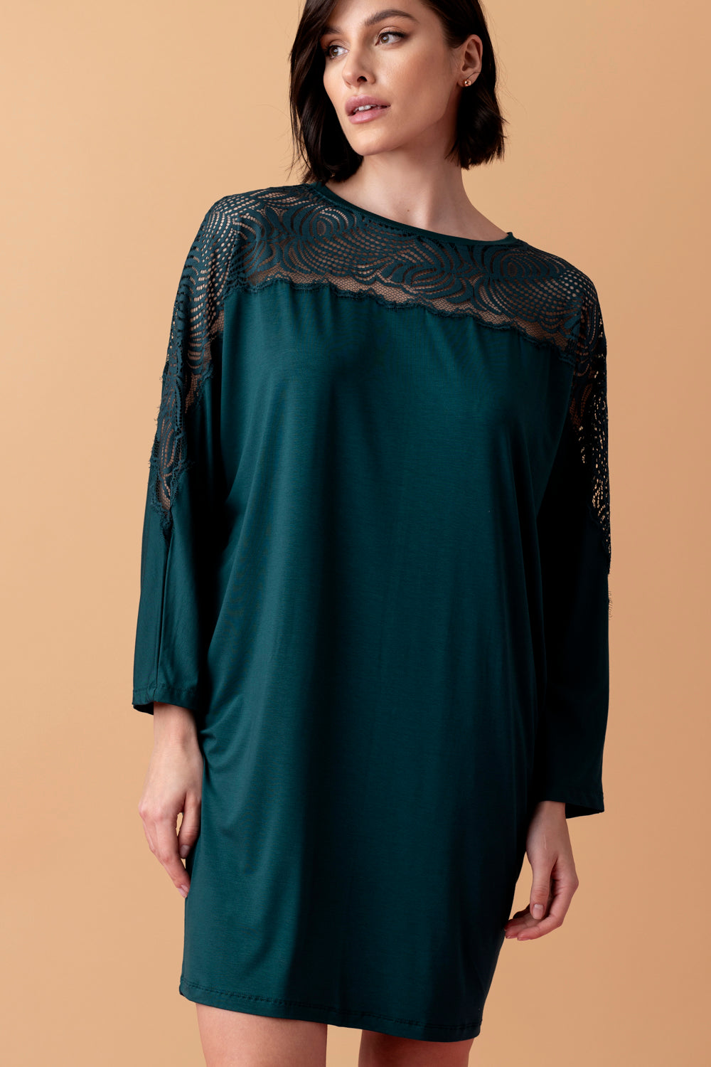 Serenade luźna koszula nocna z koronką – ciemna butelkowa zieleń_3