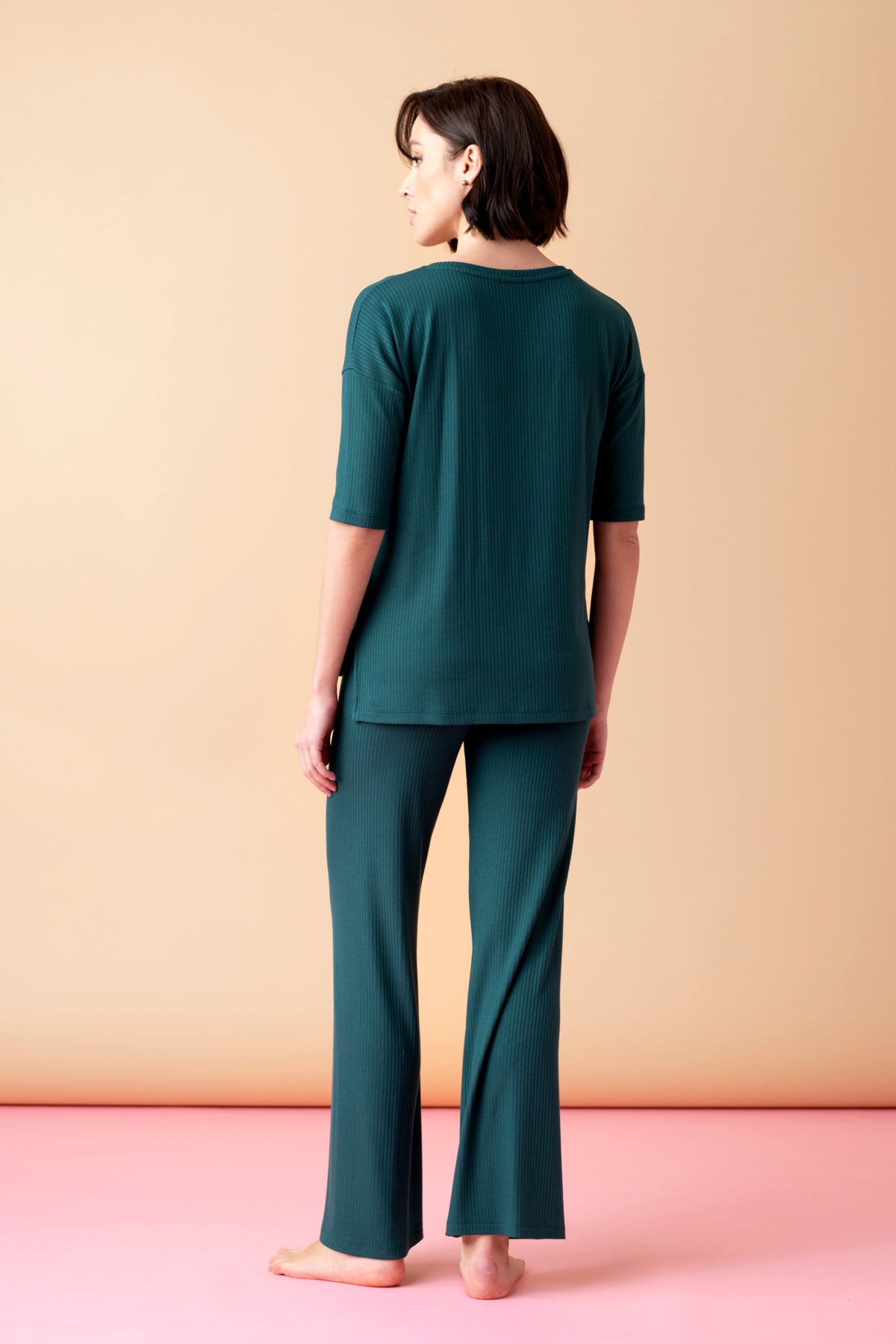 Sonnet długa piżama prążkowana z rękawem 3/4 – ciemna butelkowa zieleń_2