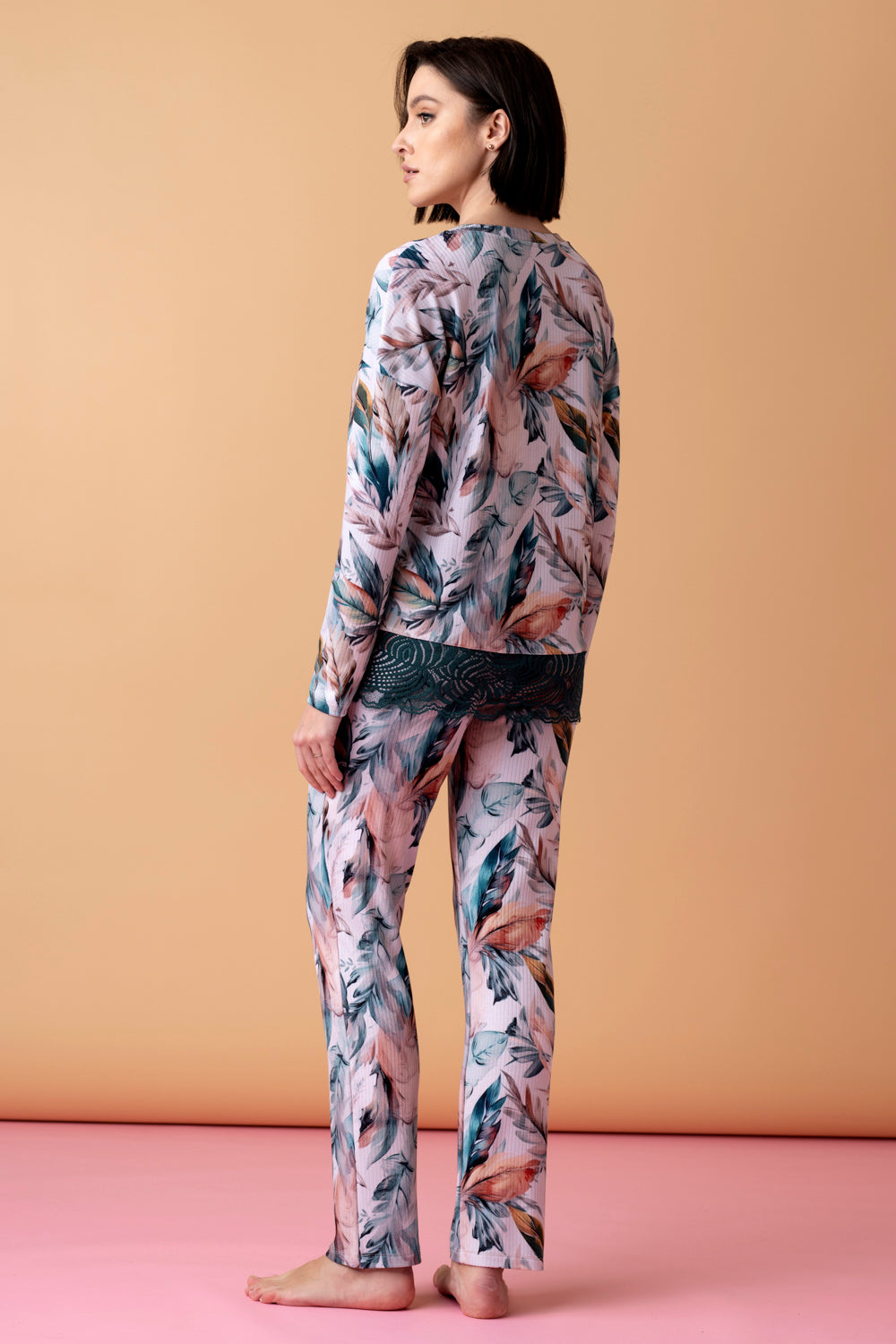 Sonnet długa piżama z koronką – druk pióra_2