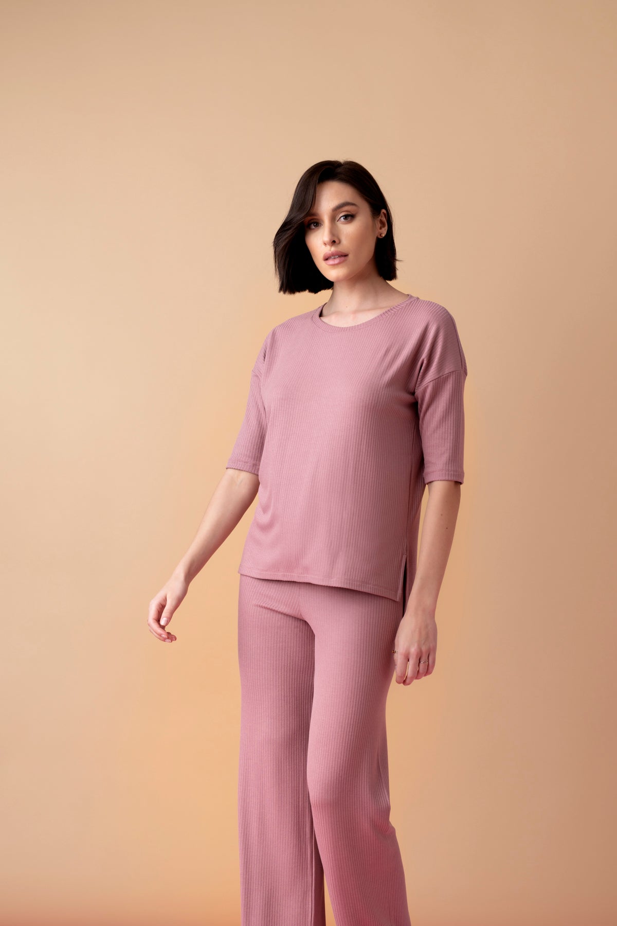 Sonnet długa piżama prążkowana z rękawem 3/4 – antyczny róż_2