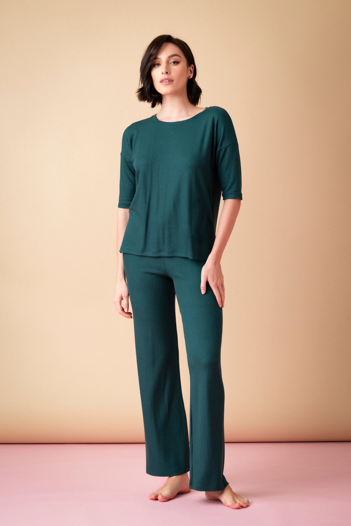 Sonnet długa piżama prążkowana z rękawem 3/4 – ciemna butelkowa zieleń