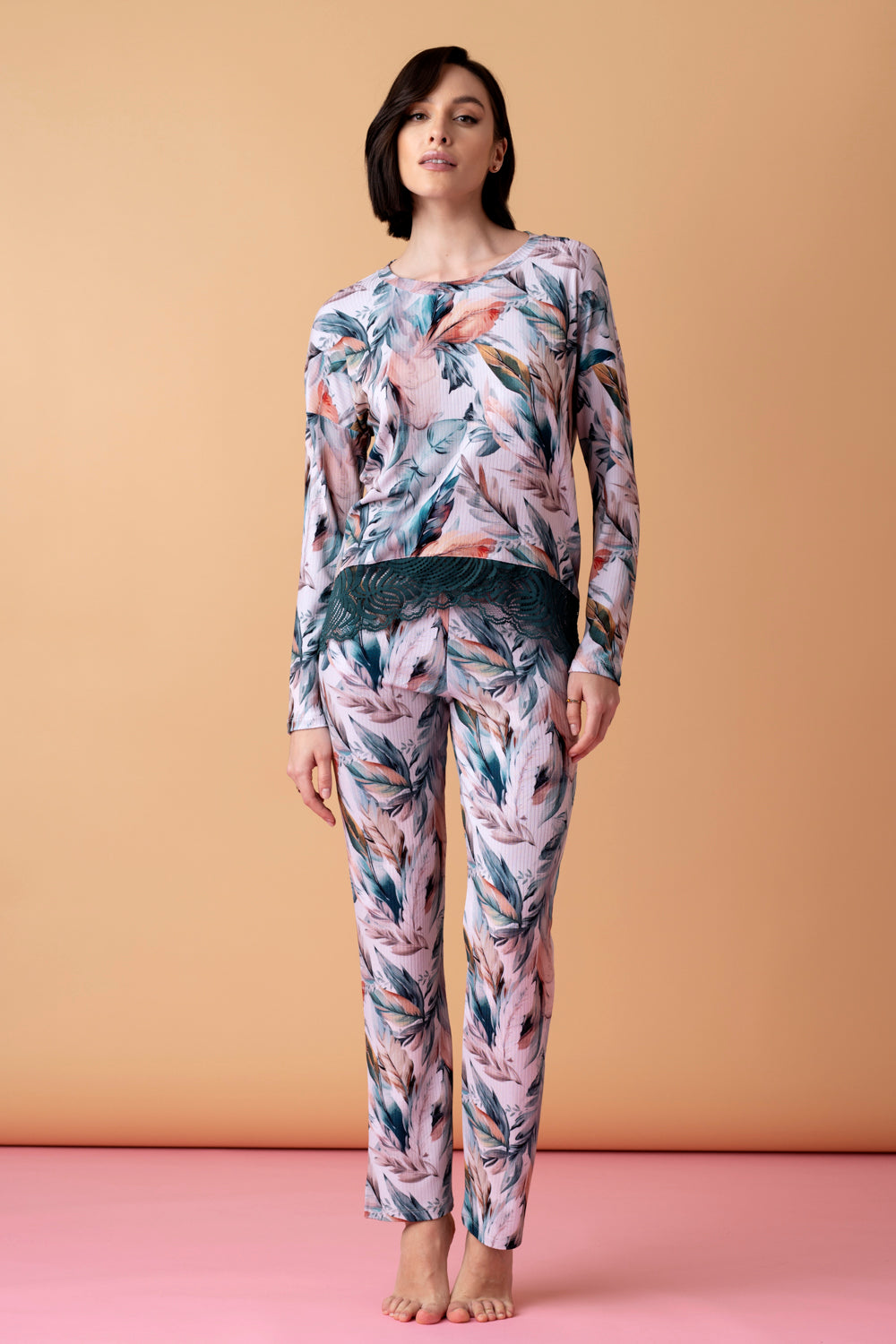 Sonnet długa piżama z koronką – druk pióra_4