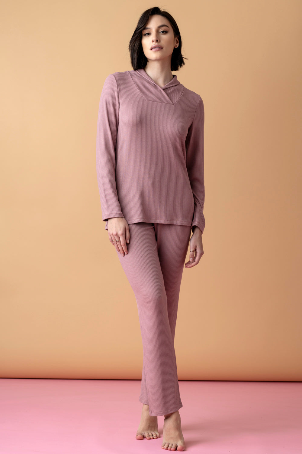 Sonnet długa piżama z wywijanym kołnierzem – antyczny róż