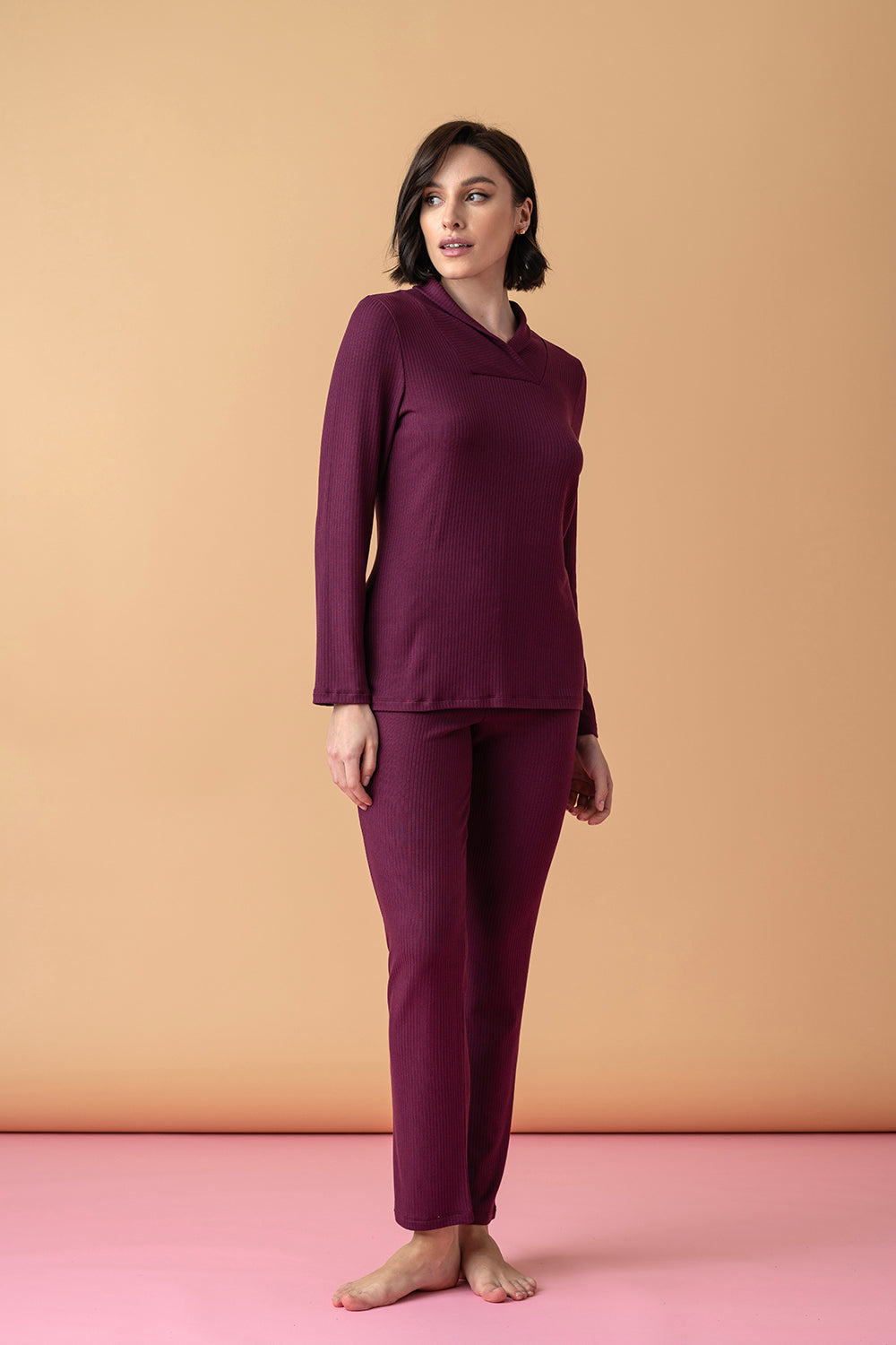 Sonnet długa piżama z wywijanym kołnierzem – merlot_2