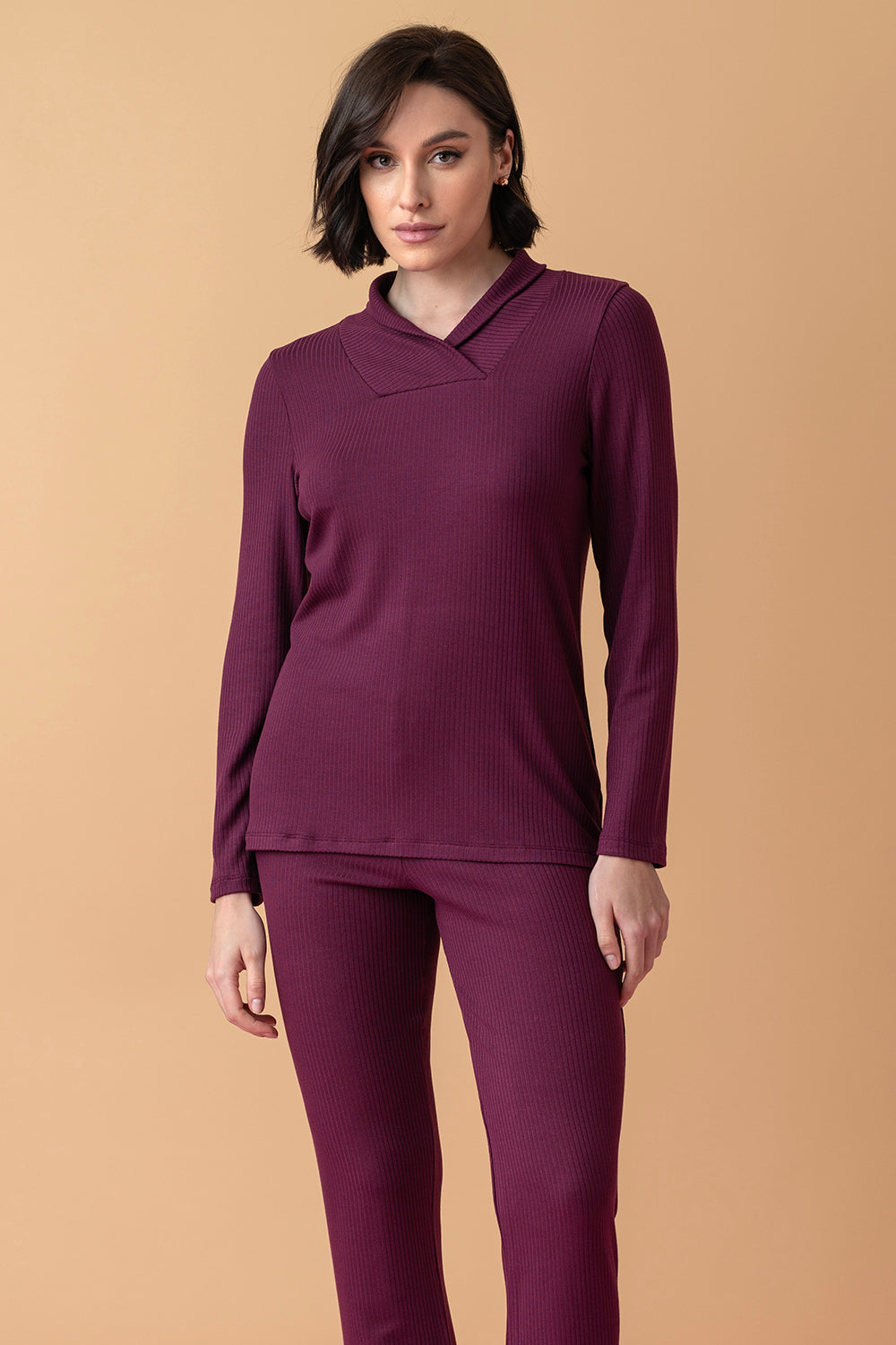 Sonnet długa piżama z wywijanym kołnierzem – merlot