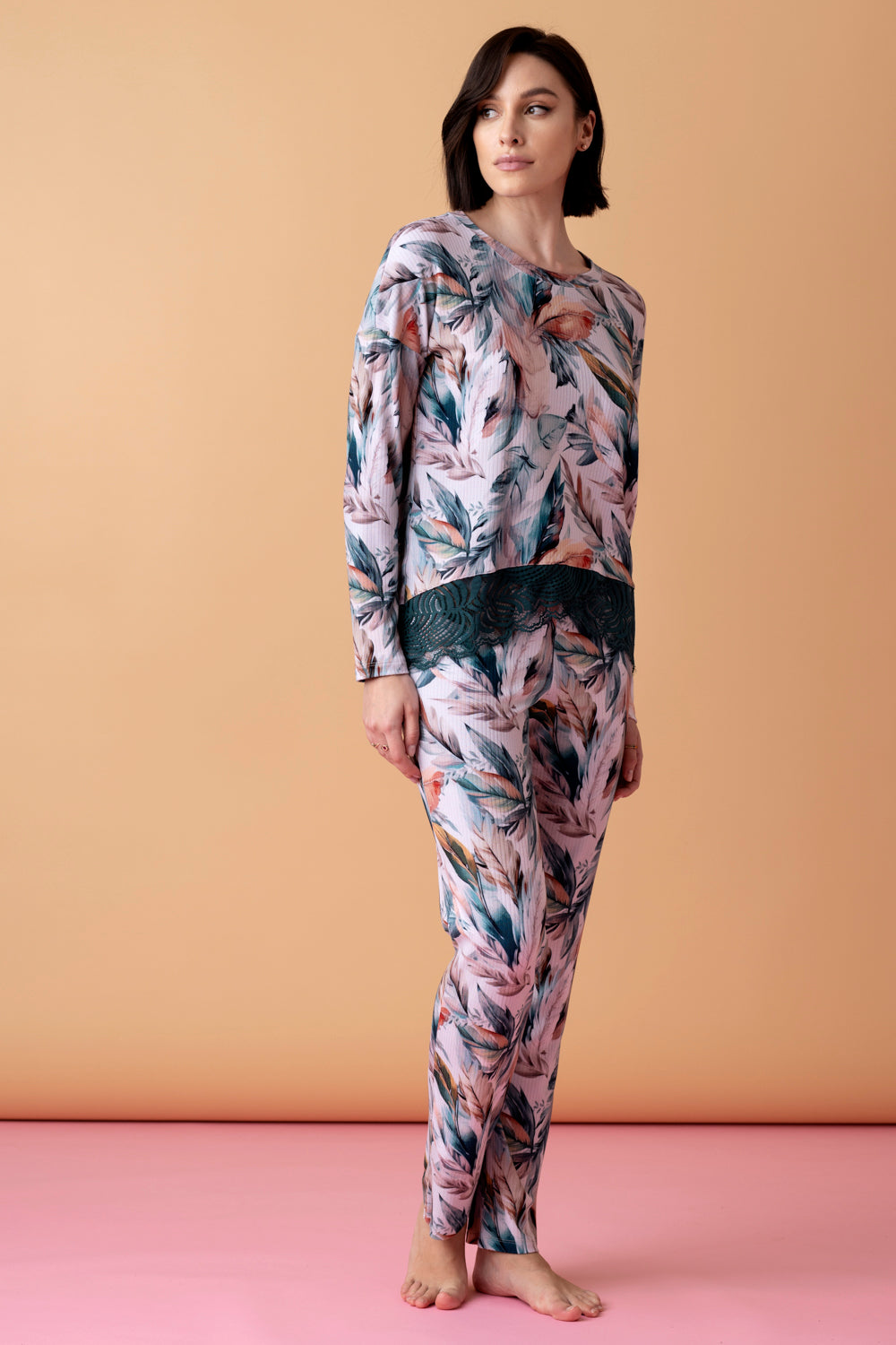 Sonnet długa piżama z koronką – druk pióra