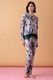 Sonnet długa piżama z koronką – druk pióra