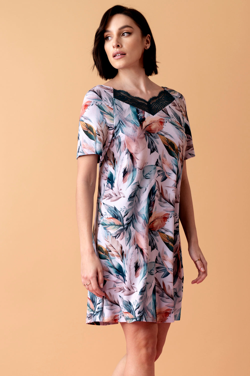 Sonnet koszula z krótkim rękawem i koronką – druk pióra_3