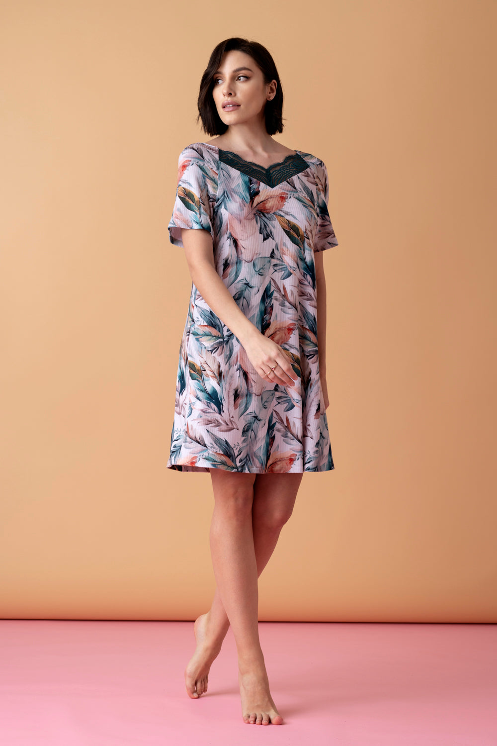 Sonnet koszula z krótkim rękawem i koronką – druk pióra_5