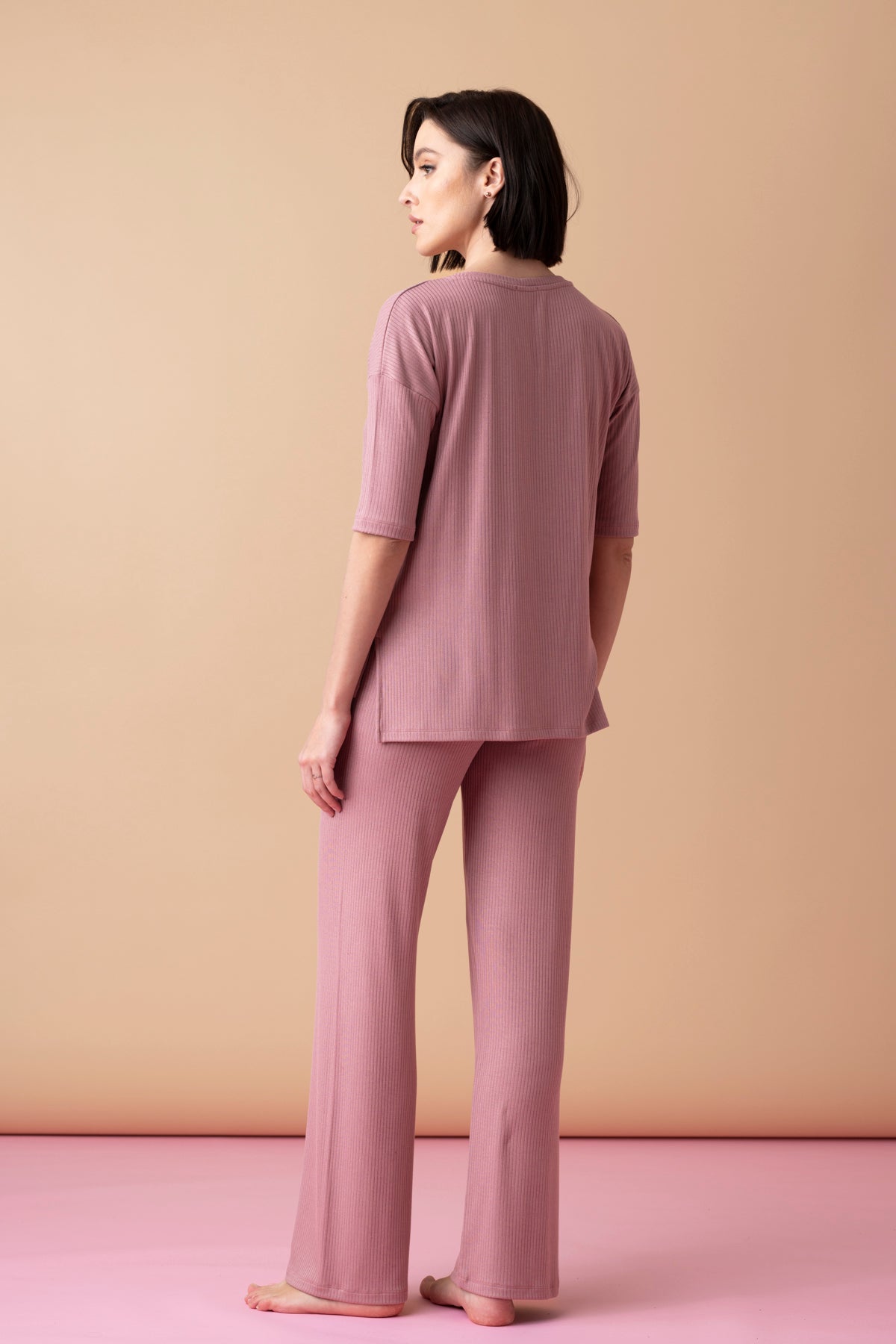 Sonnet długa piżama prążkowana z rękawem 3/4 – antyczny róż_3