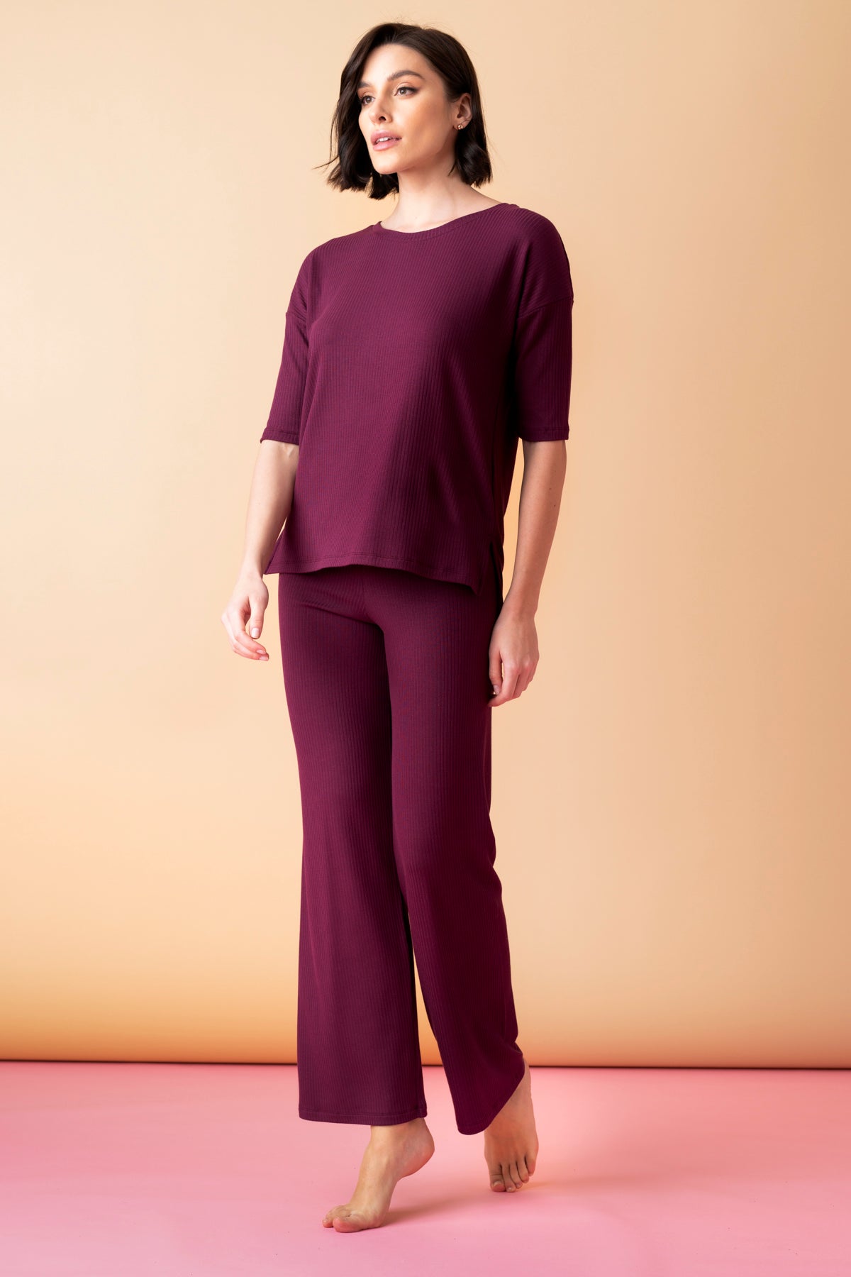 Sonnet długa piżama prążkowana z rękawem 3/4 – merlot