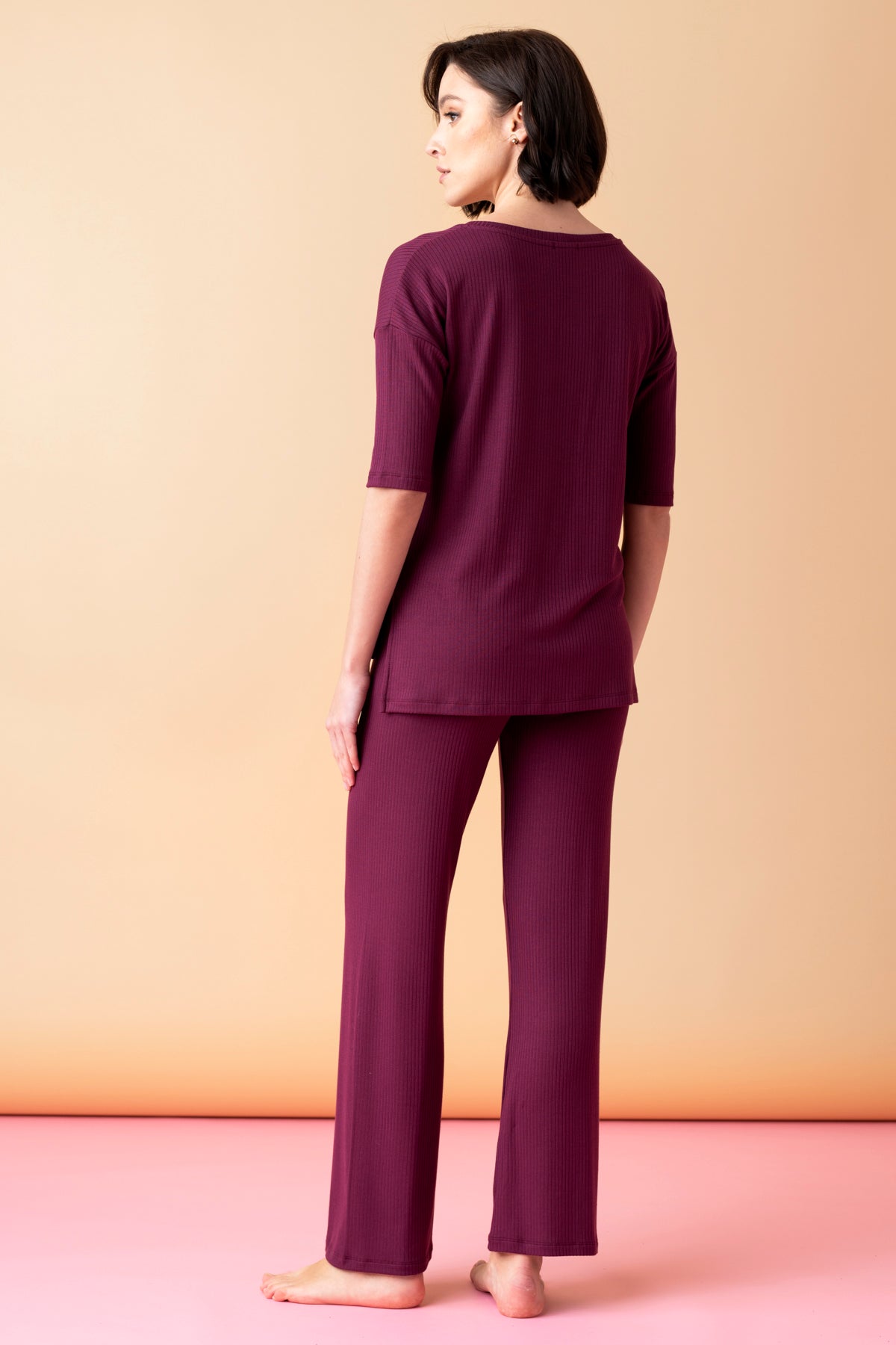 Sonnet długa piżama prążkowana z rękawem 3/4 – merlot_3
