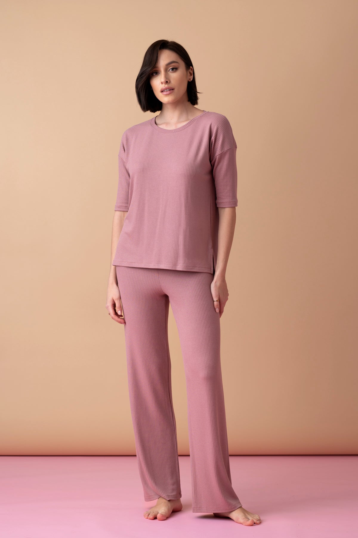 Sonnet długa piżama prążkowana z rękawem 3/4 – antyczny róż