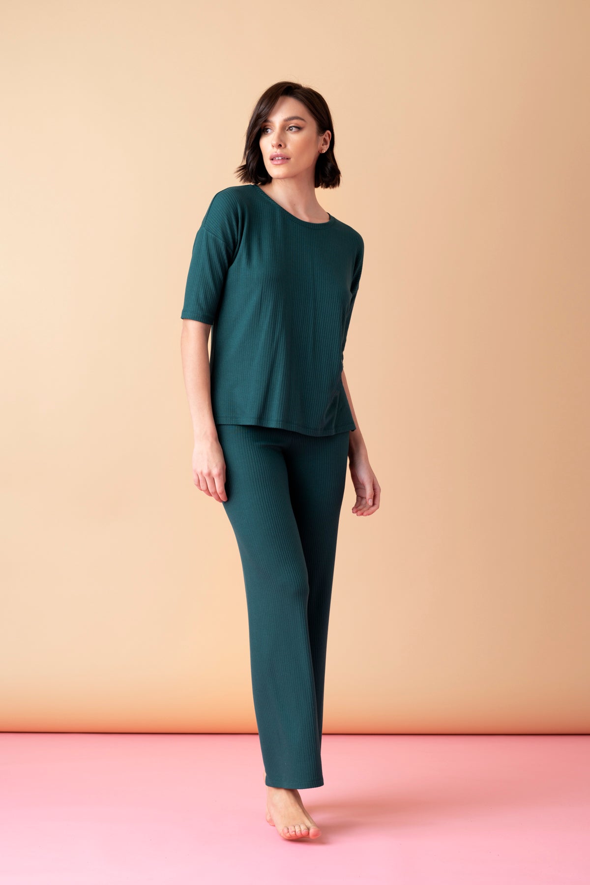 Sonnet długa piżama prążkowana z rękawem 3/4 – ciemna butelkowa zieleń_3