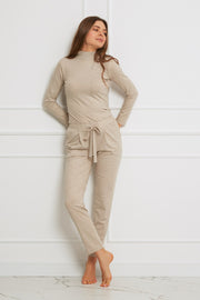 Loungewear spodnie z Tencelu z troczkami - beżowy melanż