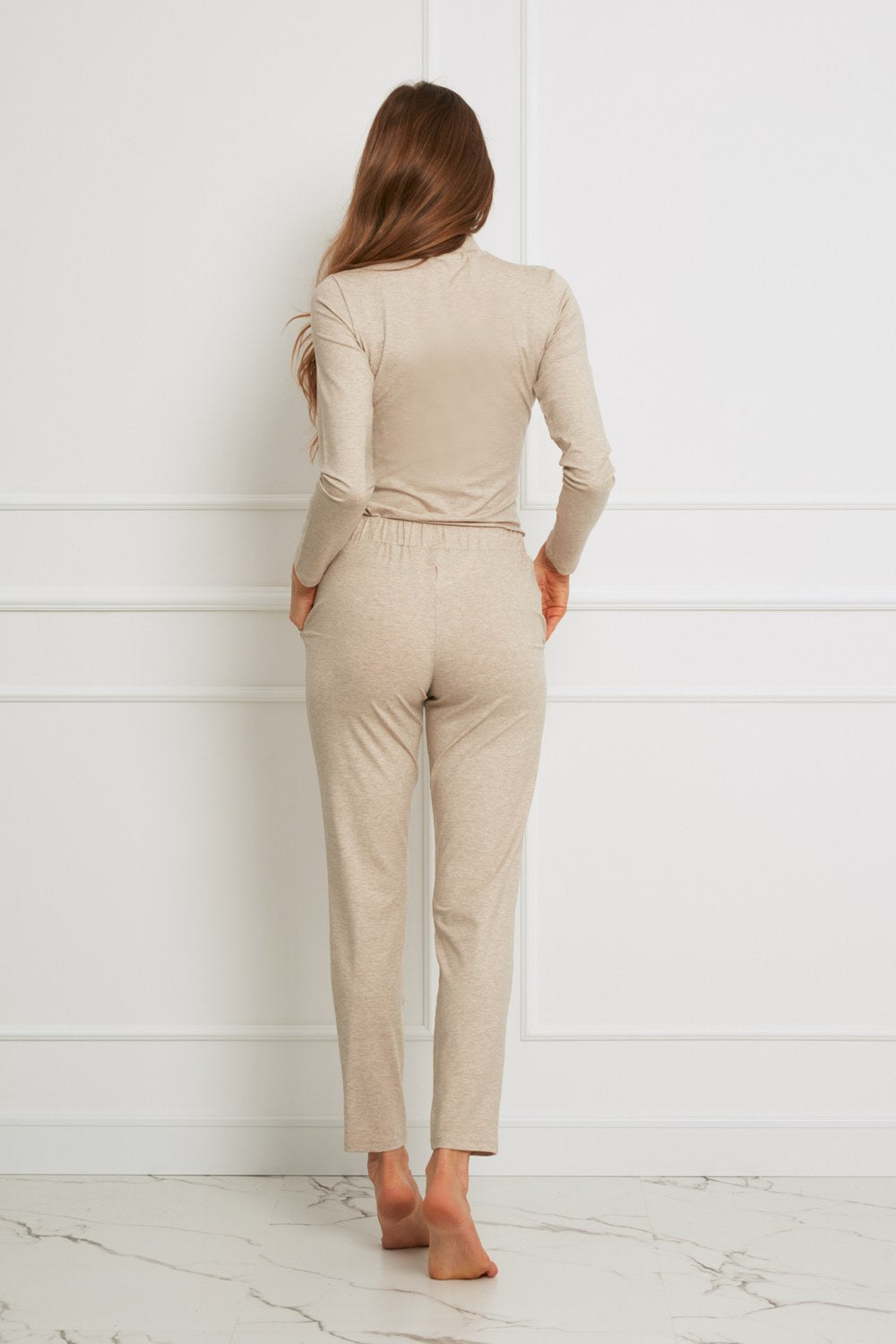Loungewear spodnie z Tencelu z troczkami - beżowy melanż_2