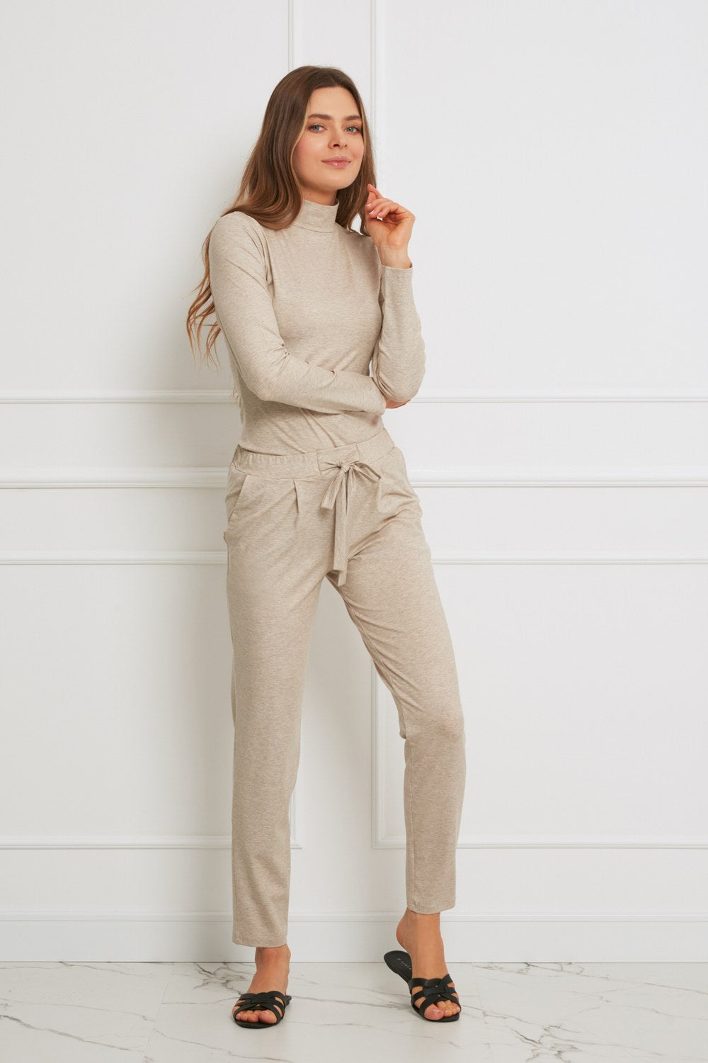 Loungewear spodnie z Tencelu z troczkami - beżowy melanż_4