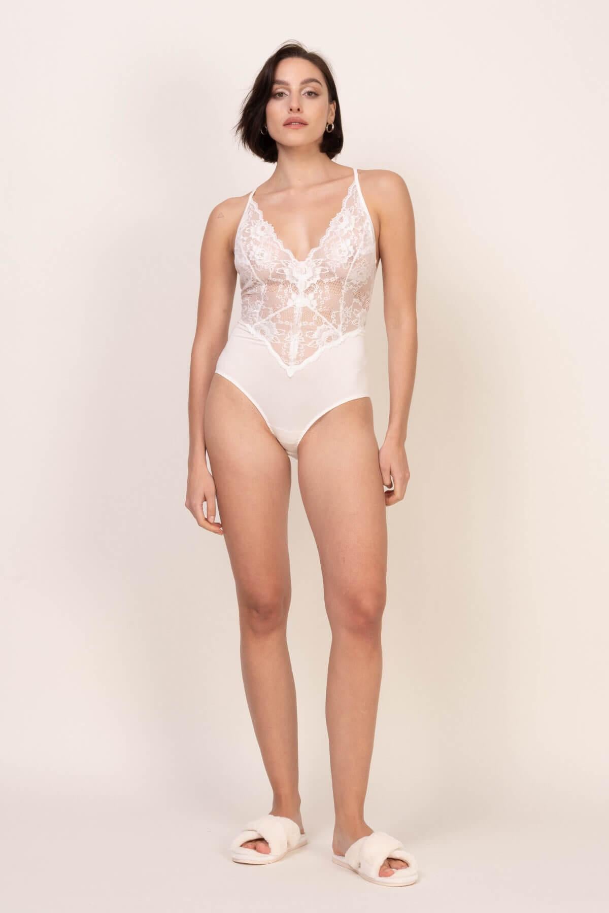 Stars Lace Strappy Bodysuit – Cream